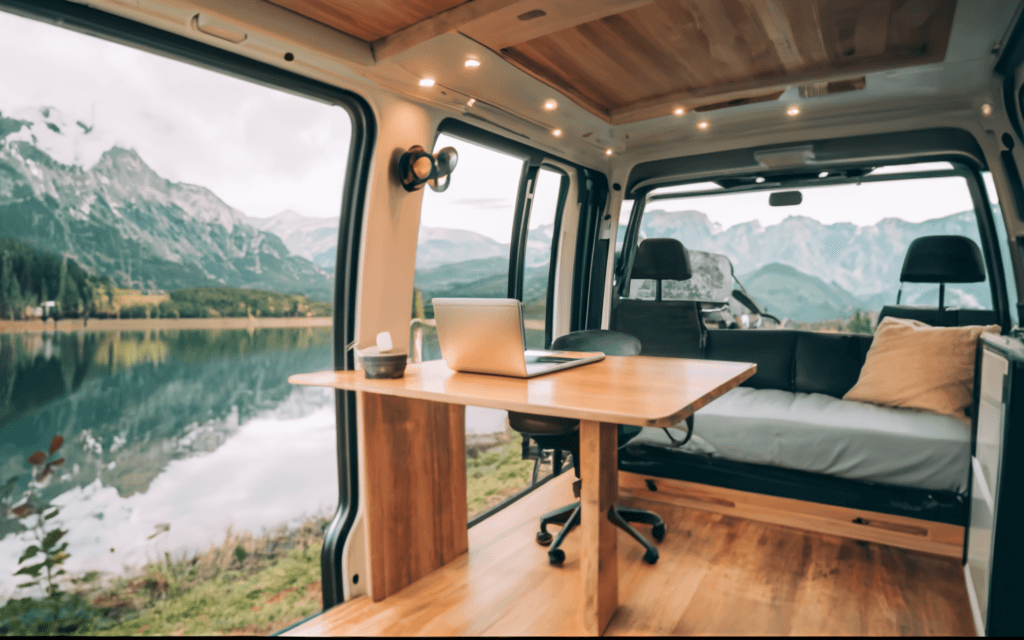 a well organized mobile office setup in a scenic location